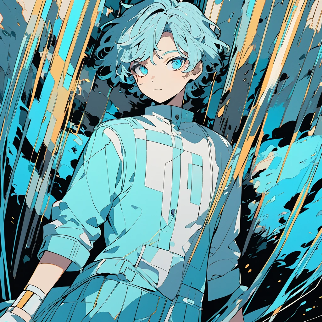  A male character with medium hair of a vibrant shade of cyan , slightly messy, but with a natural style .  Your eyes have the same cyan shade ,  shining brightly ,  as if reflecting an internal light .  Your skin is clear and slightly illuminated ,  highlighting the striking and youthful facial features . He wears futuristic or contemporary outfits with subtle details with the gray and cyan palette.  Art Style :  smooth and detailed lines .