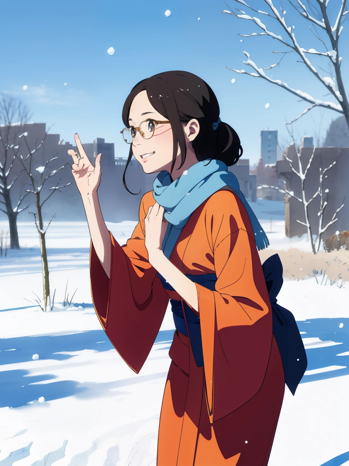 ( super flat， flat shading)， young girl，baby face， very short， toddler figure ， Very Small Flat Chest， my breasts are very flat and bulging ，  very thin limbs，  thin thighs ，Short legs，Beautiful kimono:1.2， warm scarf ， On my way home from the riverside in winter ，Snow Scene，Pee stains:1.2，Glasses，smile， is shy，Winter blue sky，  bright  ，  low angle，  bright  色，watercolor，  Ghibli style， Accurate and Detailed Female Fingers ， Girl Temptation，