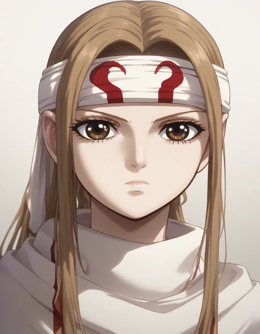 (((((((emotionless))))))) (((((((expressionless))))))) brown eyes very accurate clothing sharp gaze score_9, score_8_up, score_7_up, ((cowl)) headband on forehead detailed clothing beautiful girl kyoukai anime style ((asuna yuuki))