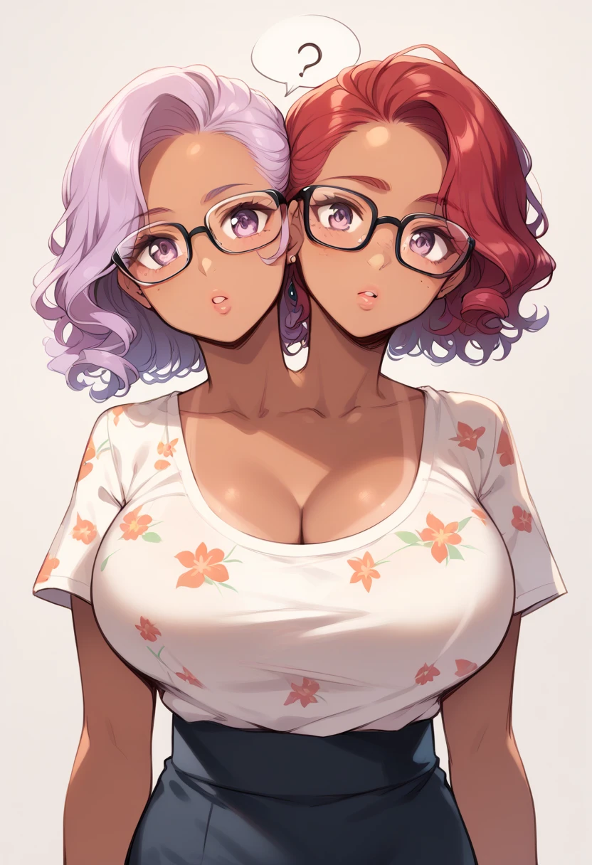 2heads, a thick woman with two heads. She is in a busy office. She is wearing a floral dress. She has long curly lavender hair and short red hair. Tanned skin. She has baggy eyes. She is beautiful. Cute freckles. Long lashes. Cute glasses. Sexy lips. Big breasts. Confused expression. (Examining her body:1.2)