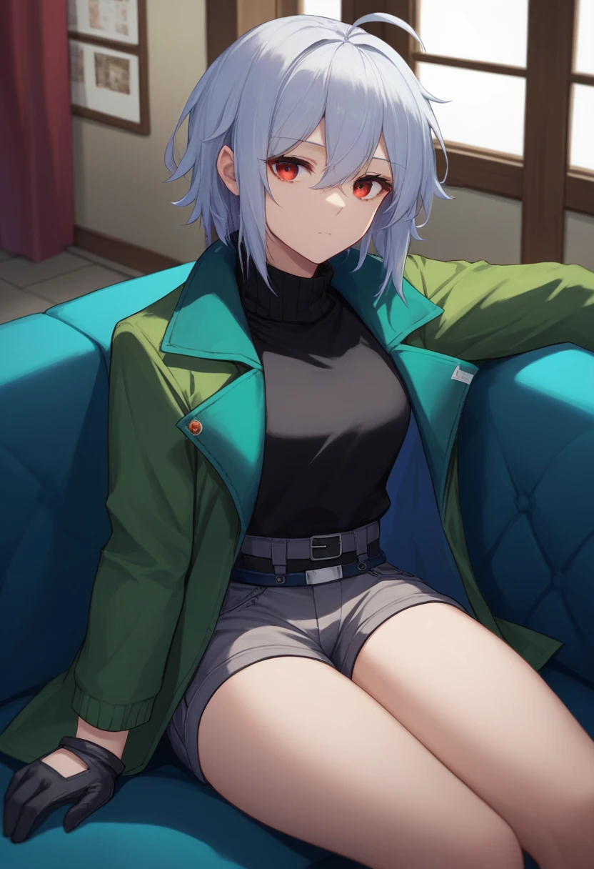 score_9, score_8_up, score_7_up, source_anime, solo, 1girl, skaditea, expressionless, looking at viewer, sitting, couch, ahoge, open clothes, green jacket, long sleeves, black sweater, turtleneck, black gloves, grey shorts, thighhighs, belt, indoors, living room 