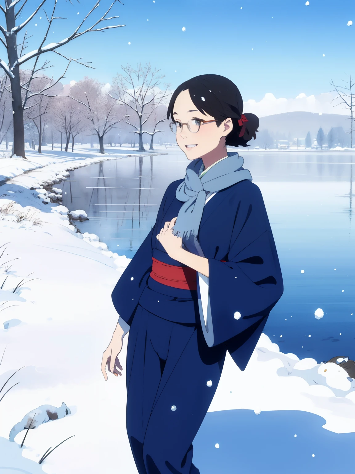 ( super flat， flat shading)， young girl，baby face， very short， toddler figure ， Very Small Flat Chest， my breasts are very flat and bulging ，  very thin limbs，  thin thighs ，Short legs，Beautiful kimono:1.2， warm scarf ， On my way home from the riverside in winter ，Snow Scene，Pee stains:1.2，Glasses，smile， is shy，Winter blue sky，  bright  ，  low angle，  bright  色，watercolor，  Ghibli style， Accurate and Detailed Female Fingers ， Girl Temptation，