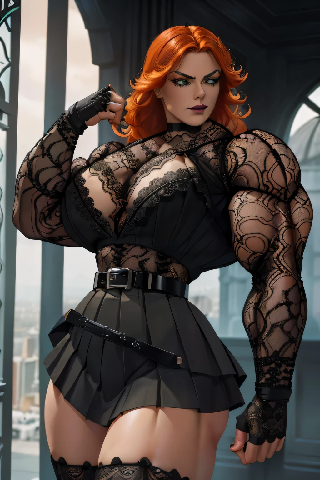 ((Massive, beautiful, buff, pale white skinned muscular woman with orange hair, black lipstick, ginormous bulky muscles)), (((long leather coat))), spiked choker, (((leather shorts))), (((black corset))), corset, (long sleeve coat), (black lipstick), (leather shorts), choker, green eyes, spiked gauntlets, thigh high boots, (close view), massive muscles, hyper muscles, long shaggy hair, (top of a dark dilapidated building surrounded by tsunamis), in a dark world, closed smile