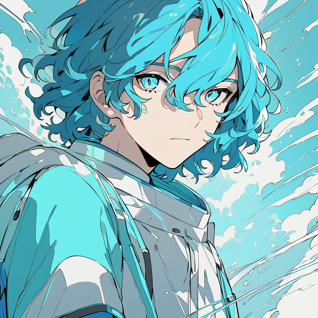  A male character with medium hair of a vibrant shade of cyan , slightly messy, but with a natural style .  Your eyes have the same cyan shade ,  shining brightly ,  as if reflecting an internal light .  Your skin is clear and slightly illuminated ,  highlighting the striking and youthful facial features . He wears futuristic or contemporary outfits with subtle details with the gray and cyan palette.  Art Style :  smooth and detailed lines .