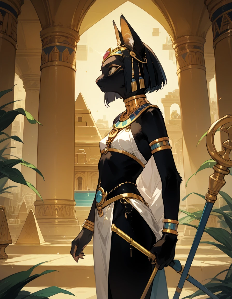score_10,score_9_up,score_8_up,score_7_up, hadrian, side view,small breasts,expressionless, looking ahead, with Pyramid of Khufu view, in Egypt, furry cat, egyptian clothes, egyptian mythology, truncheon,staff,