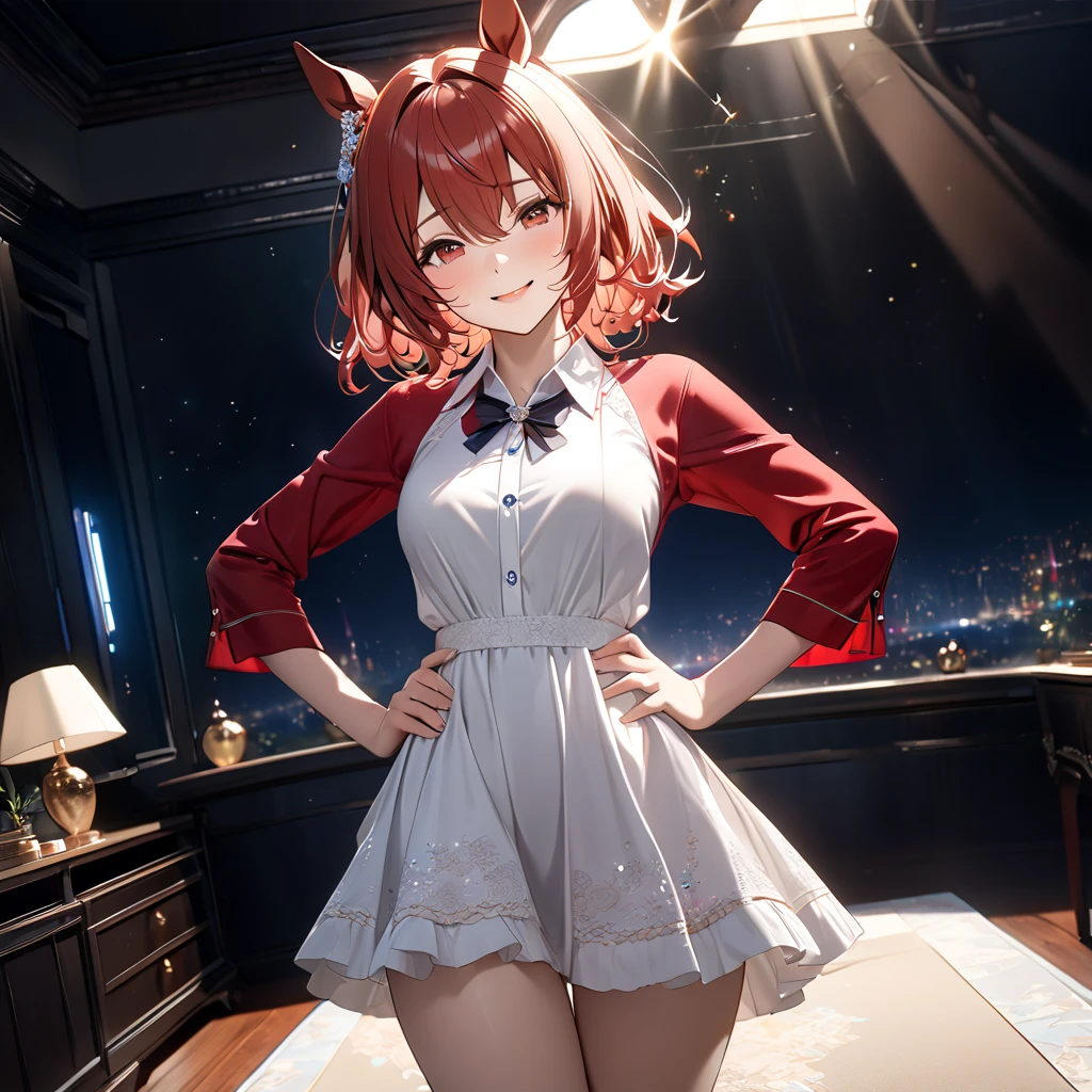 Hyperrealism,最 High Quality 、  agnestachion   \(  horse girl \),  1 girl, Alone, smile,   mouth,whole body,   luxury room  ,   1 girl, masterpiece, expensive quality, very_expensive_ All Red ,   full color,masterpiece, 最  High Quality  ,  (  horse girl ),  victory server  ， putting hands on hips ，upright，  beautiful背景, Particles of light, light of the sun, Dramatic lighting, outside, Sparkling,   realistic  , 最  High Quality  ,  very detailed, Get used to it, scenery,  beautifullyて細かい目, Thinning hair，whole bodyショット，(( very detailedな背景)), (((  Cowboy Shots ,  dynamic angle )))，  1 girl,,(Sparkling肌:1.3),( beautifully濃厚な肌),(Thinning hair), masterpiece,   High Quality  ,    high definition  , Confused,( beautifully、 beautiful:1.2),  beautiful手, (4K), 8k,  perfect balance,( very detailedな CG Unity 8k 壁紙), perfect hand,   Embarrassing  , , light_trace,   intricate details on collared dress ,  written border depth, 極めて繊細で beautiful,   Professional Photo Shoot with Elbows on a Table , Bokeh,    high definition  , Sharp details, 最  High Quality  ,   thigh thickness ,  beautiful目 ,  beautiful背景, 屋outside，