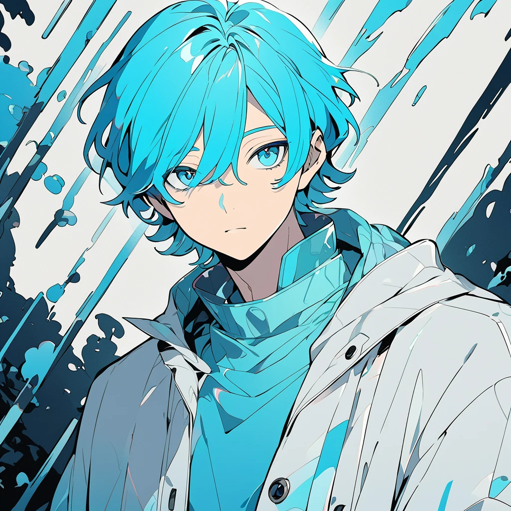  A male character with medium hair of a vibrant shade of cyan , slightly messy, but with a natural style .  Your eyes have the same cyan shade ,  shining brightly ,  as if reflecting an internal light .  Your skin is clear and slightly illuminated ,  highlighting the striking and youthful facial features . He wears futuristic or contemporary outfits with subtle details with the gray and cyan palette.  Art Style :  smooth and detailed lines .