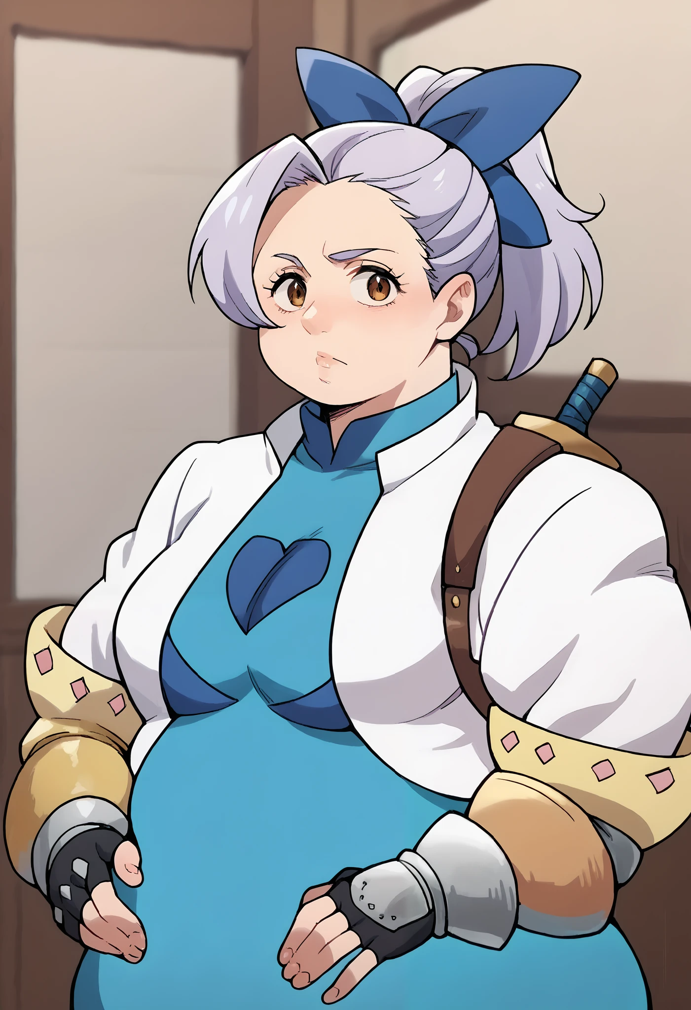 score_9, score_8_up, score_7_up, source_anime, masterpiece, jericho7, 1girl, lavender hair, hair bow, brown eyes, cropped jacket, blue dress, gauntlets, fingerless gloves, looking at viewer, indoors, upper body, portrait, fat, chubby, obese 