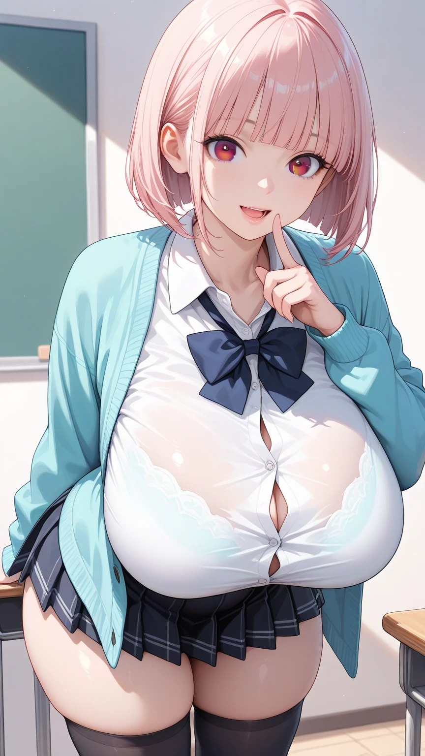 nsfw,（ultra detailed,  Masterpiece ,  top quality, 8k, very aesthetic, Realistic detailed CG ,  sharp concentration ,  Ultra High Definition), 1 girl, (school uniform, Cardigan, cozy and casual with pastel colors, pleated skirt, and knee-high socks, button gap), (detailed beautiful eyes,  textured skin,  beautiful skin, Long eyelashes, brown eyes, round eyes), (Detailed and beautiful hair, blunt bangs, bob cut, light pink hair), (smile,  plump lips, open mouth), (huge breasts, sagging breasts, plump, wide hip, thick thighs), Captivating thighs, Skin with attention to detail, (class room), (shiny skin:1.3, glistening skin:1.3), (leaning forward, finger to mouth)