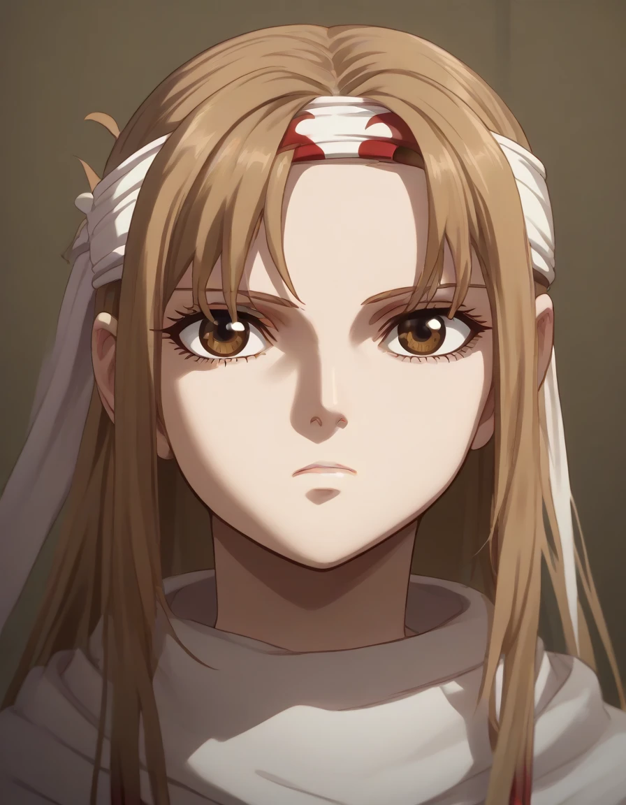 (((((((emotionless))))))) (((((((expressionless))))))) brown eyes very accurate clothing sharp gaze score_9, score_8_up, score_7_up, ((cowl)) headband on forehead detailed clothing beautiful girl kyoukai anime style ((asuna yuuki))