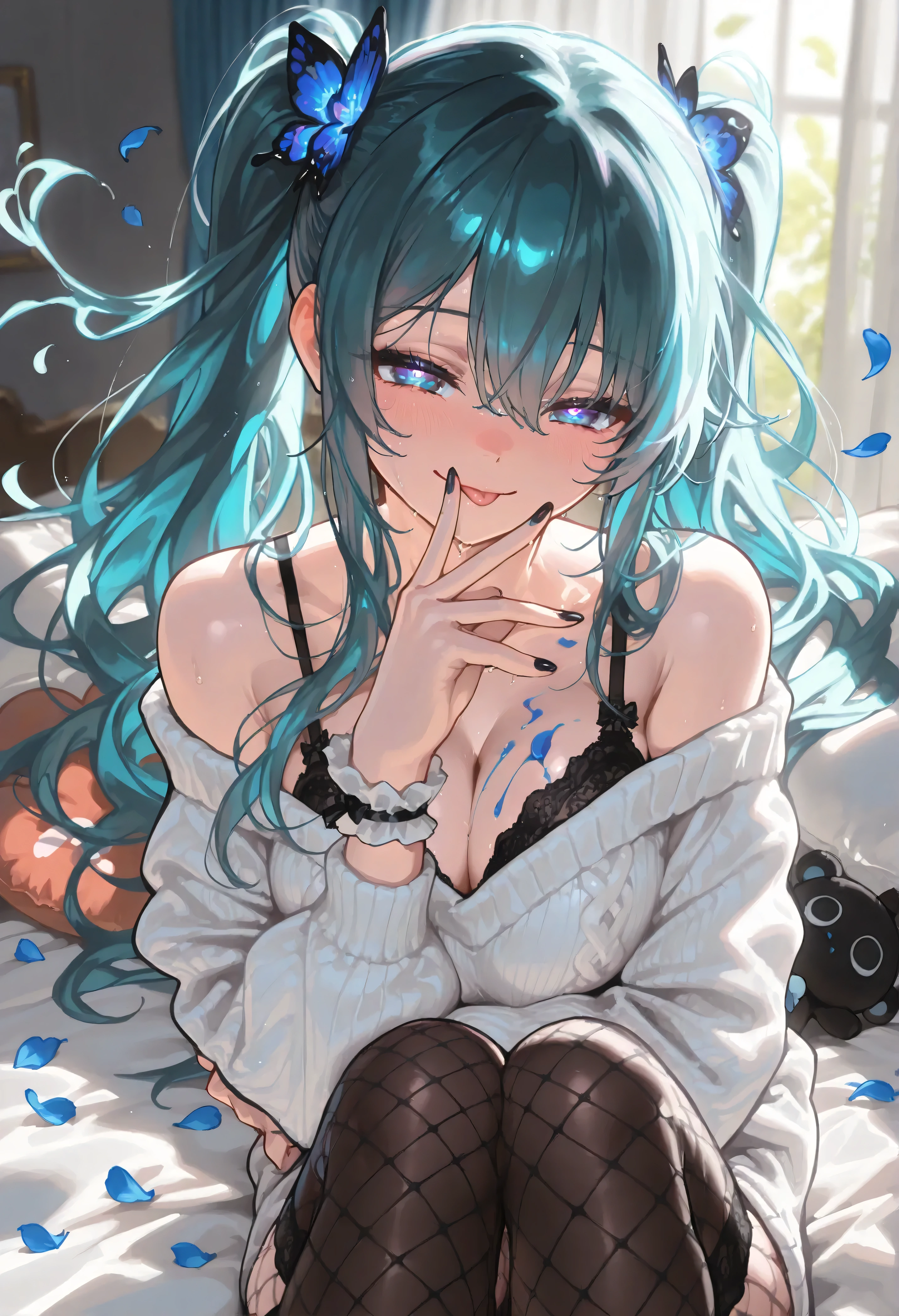 ( Masterpiece : 1.2), ( very detailed: 1.2), ( very detailed CG: 1.2), ( high image quality: 1.2), (最 high image quality), 8k, animated illustration, 、 beautiful girl, masterpiece、 best quality、Good quality、 average quality 、 super detailed、 very beautiful、 absurd、 blurry background、 depth of field、 natural light、 soft lighting 、Good hands 、 detailed eyes on board、 detailed hair、sensitive、BREAK 1girl、solo、 long hair on background、chest、 viewer view, thigh high socks 、(dark teal twintails)、Sitting、underwear、tongue、 bra、wrist cuff 、Sweater、 fishnet tights、Black nails、 fishnet tights、, bangs, (dark teal hair), medium breast, curly hair, face, (white round eyes), romantic, in the bed, bedroom, calming, hypnotising, great aesthetic, dreamy aesthethic, authoritative look, cute, sexy, loving expression, smile,beautiful detailed girl,extremely detailed eyes and face,beautiful detailed eyes,best quality,masterpiece,illustration,an extremely delicate and beautiful,extremely detailed,CG,unity,8k wallpaper,Amazing,finely detail,masterpiece,best quality,official art,extremely detailed CG unity 8k wallpaper,indoor,bedroom,bed,pillow_hug,stuffed_animal,curtains,windows,light_blush,drunk,(1 girl),((solo)),(lying:1.2),((ink)),(water color),bloom effect,detailed beautiful grassland with salmond red petal,flower,butterfly,(((surrounded by heavy floating petal flow))), ((No liquid)), looking at the viewer