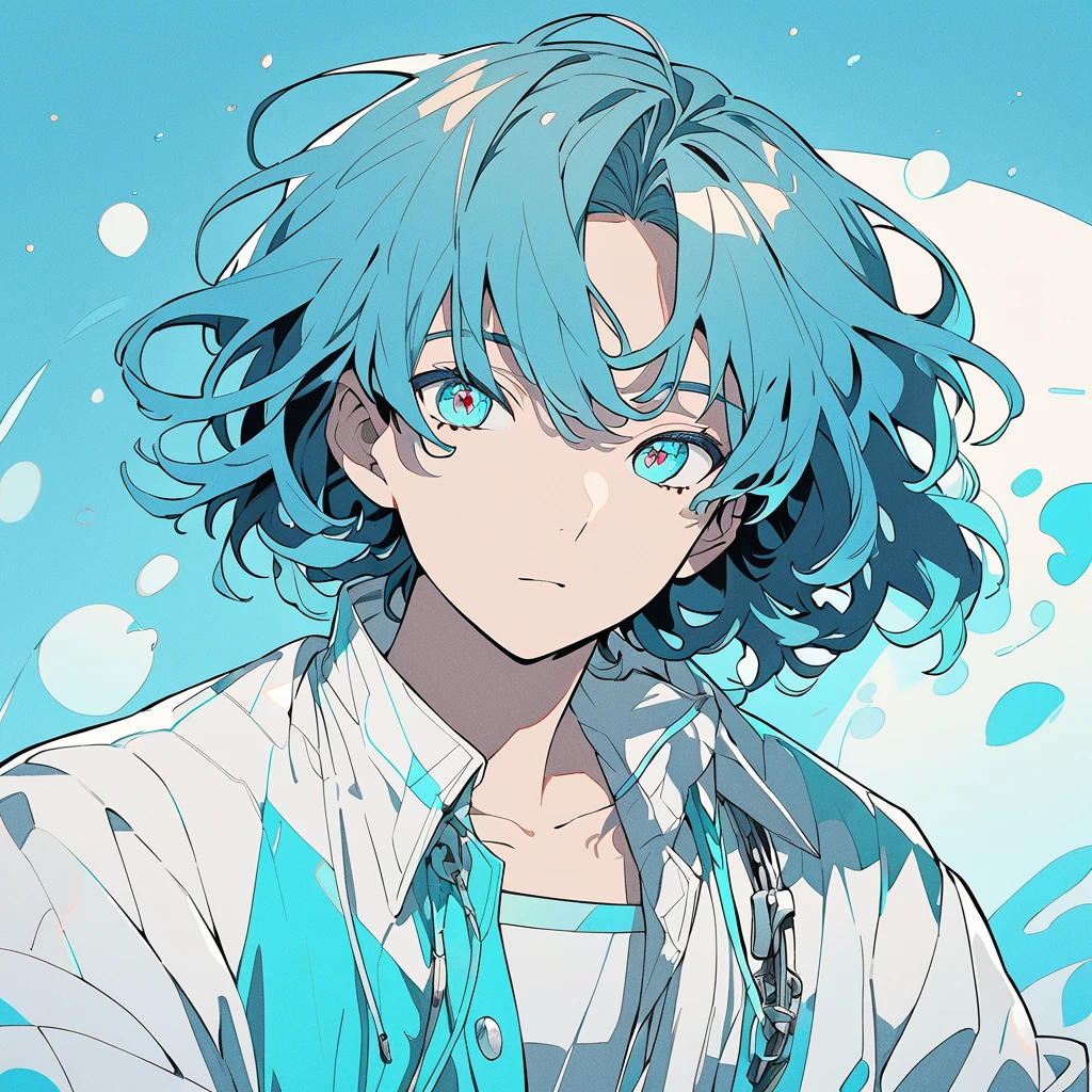  A male character with medium hair of a vibrant shade of cyan , slightly messy, but with a natural style .  Your eyes have the same cyan shade ,  shining brightly ,  as if reflecting an internal light .  Your skin is clear and slightly illuminated ,  highlighting the striking and youthful facial features . He wears futuristic or contemporary outfits with subtle details with the gray and cyan palette.  Art Style :  smooth and detailed lines .