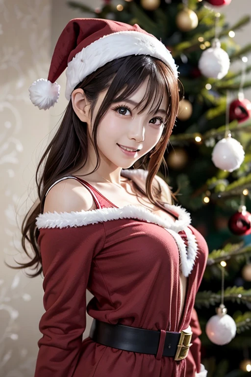 A Japanese model in a bright red Santa cosplay poses for a photo shoot、Bright red outfit、Santa Dress,  looking at camera、Detailed and beautiful eyes、 cute smile、 soft and gentle expression 、 Christmas tree in the background 