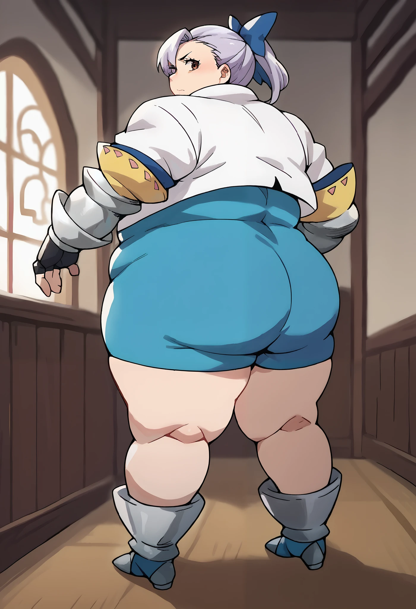 score_9, score_8_up, score_7_up, source_anime, masterpiece, jericho7, 1girl, lavender hair, hair bow, brown eyes, cropped jacket, blue dress, gauntlets, fingerless gloves, looking at viewer, indoors, fat, chubby, obese, full body shot 