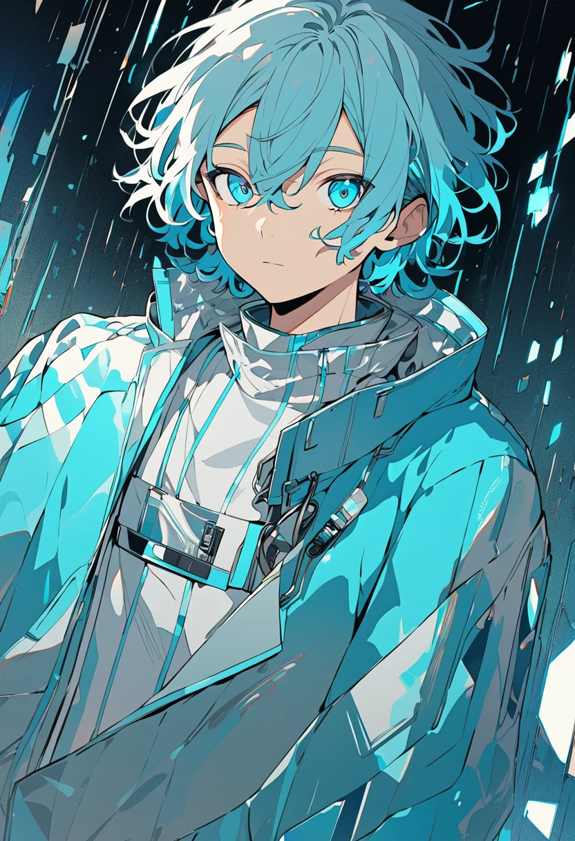  A male character with medium hair of a vibrant shade of cyan , slightly messy, but with a natural style .  Your eyes have the same cyan shade ,  shining brightly ,  as if reflecting an internal light .  Your skin is clear and slightly illuminated ,  highlighting the striking and youthful facial features . He wears futuristic or contemporary outfits with subtle details with the gray and cyan palette.  Art Style :  smooth and detailed lines .