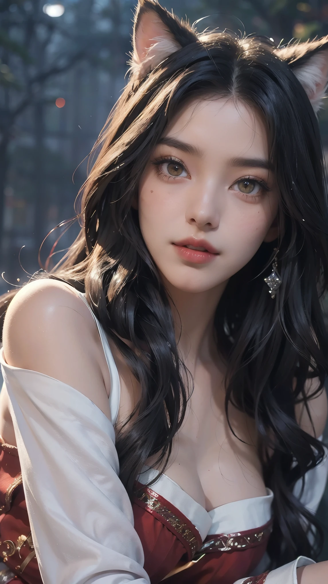 Ahri,(best qualityer,4K,8k,high resolution,work of art:1.2)(weather: snowing), Mondstadt town background, Christmas coffee shop, winter outfit, long brown winter coat, beige winter sweater, fur mittens, white fur scarf, gray winter pants, fur boots, silver neck jewelry, snowflake embroidery, small purse, fox ears, long fox tail, cheek mole, whisker-like marks, long curly hair,  black hair, ultra detailed, realistic, portrait,beautiful detailed golden yellow eyes with slit-shaped pupils, glowing eyes,blush,beautiful detailed lips,extremely detailed eye and face, long eyelashes,sexy,average, large breasts,beaming smile, flirty smile, powerful girl, elegant pose, stunning curves, bright coloured, dramatic lighting, Christmas lights, Christmas decorations,