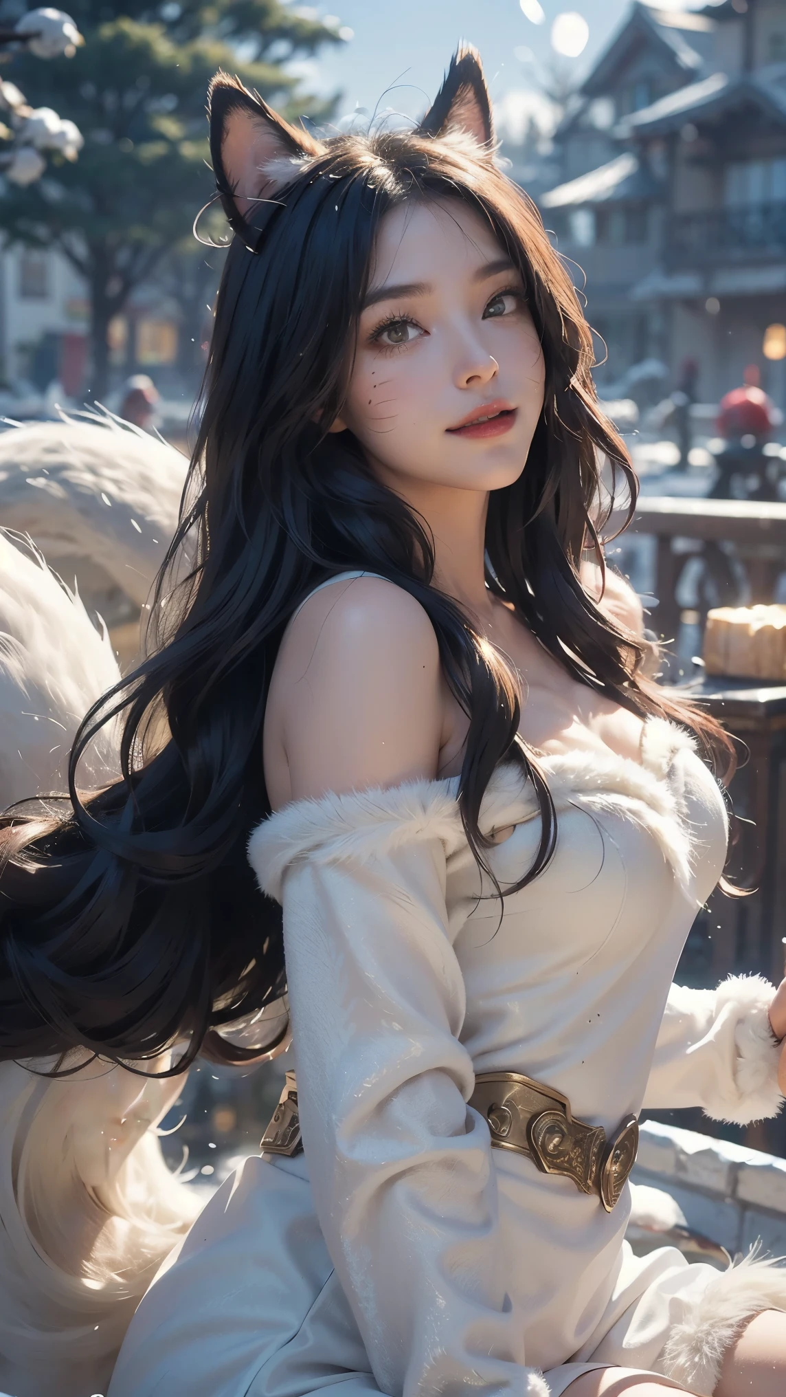 Ahri,(best qualityer,4K,8k,high resolution,work of art:1.2)(weather: snowing), Mondstadt town background, Christmas coffee shop, winter outfit, long brown winter coat, beige winter sweater, fur mittens, white fur scarf, gray winter pants, fur boots, silver neck jewelry, snowflake embroidery, small purse, fox ears, long fox tail, cheek mole, whisker-like marks, long curly hair,  black hair, ultra detailed, realistic, portrait,beautiful detailed golden yellow eyes with slit-shaped pupils, glowing eyes,blush,beautiful detailed lips,extremely detailed eye and face, long eyelashes,sexy,average, large breasts,beaming smile, flirty smile, powerful girl, elegant pose, stunning curves, bright coloured, dramatic lighting, Christmas lights, Christmas decorations,