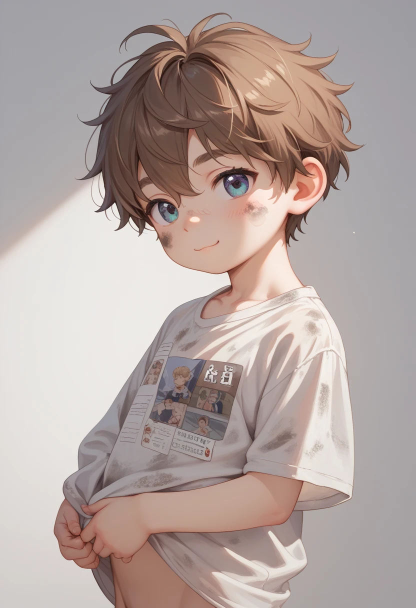 a young 7-yr old boy, cute, young, little, short, thin, Age Regression, Shotacon, Shota, messy brown hair, middle age costumes theme, no pants, Dirty Loose and oversized brown long-sleeved woven silk shirt with a deep neckline, middle age Villages in England background