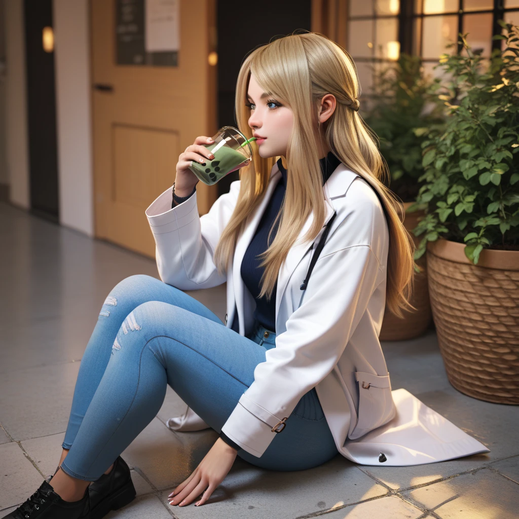 Girl, white lab coat, blue jeans, blonde long hair, sitting on the floor, drinking tea