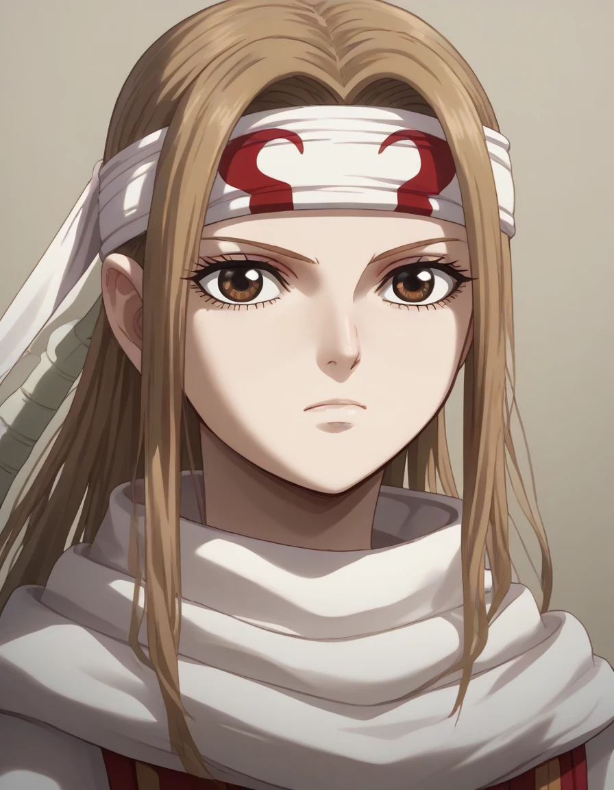 (((((((emotionless))))))) (((((((expressionless))))))) brown eyes very accurate clothing sharp gaze score_9, score_8_up, score_7_up, ((cowl)) headband on forehead detailed clothing beautiful girl kyoukai anime style ((asuna yuuki))