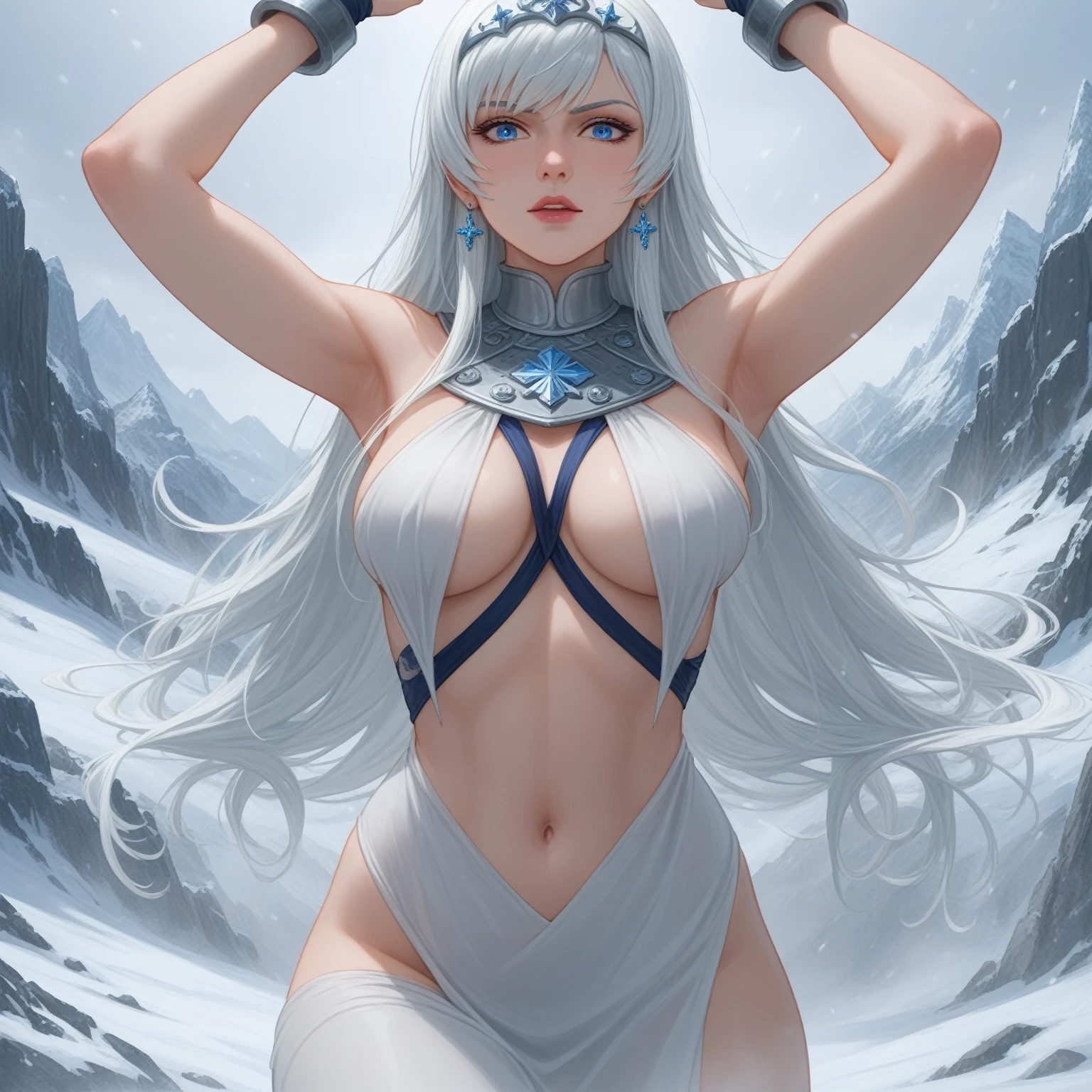 (masterpiece: 1.2, best quality), beautiful, a 23-year-old woman, freezing hair, ice goddess, (bright white eyes), extremely detailed face, beautiful detailed eyes, defined jaw, (perfect anatomy), wearing a majestic dress, midriff, textured skin, cold lighting, snow, winter