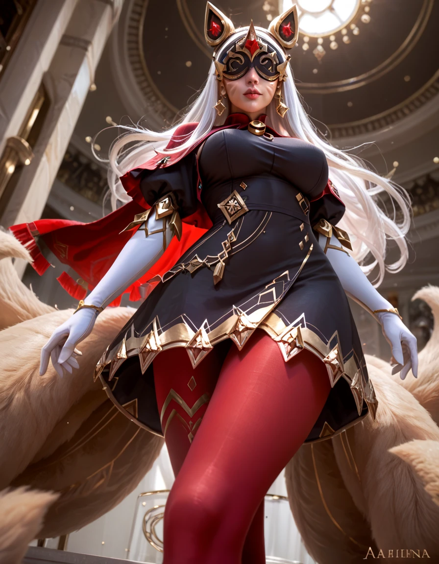 ahriarcana, animal ears, facial mark, multiple tails, long hair, white hair, large breasts, eye mask, covered eyes, jewelry, earrings, black Dress, capelet, gold trim, puffy sleeves, elbow gloves, asymmetrical gloves, red gloves, white gloves, asymmetrical legwear, red legwear, white legwear, pantyhose, naked, standing, from below