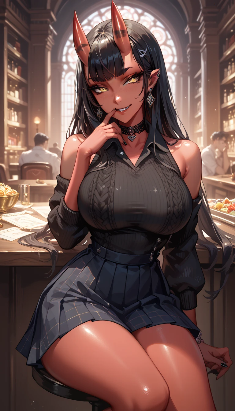 (Big Breasts:1.4) Swollen breasts, (masterpiece) ( High Quality ) (最 High Quality ) ( 1 girl), (Alone), ( intricate details on collared dress:1.2),  thin waist, ( watching viewers),  huge ass,  merusacubus , Red skin, yellow eyes, oni horns,  they will follow,  black hair,  black knee-high socks ,  pleated skirt ,  black sweater , Bare shoulders, hand to mouth,  smirking ,  Seductive Poses , goth choker ,  long hair、(((oily skin:1.3)))