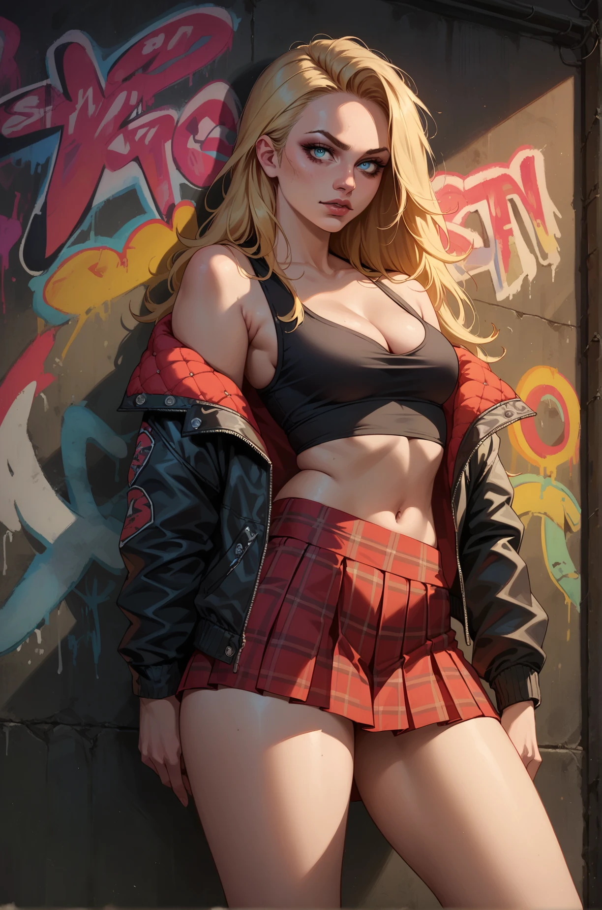 score_9, score_8_up, score_7_up, cartoon of a punk girl, solo, sexy, slutty, blue eyes, blonde hair, straight long hair, jacket, black sleeveless, cleavage, small breast, red pleated skirt, red plaid skirt, moody and gritty, neon lighting, neon graffiti, colorful graffiti, black wall background