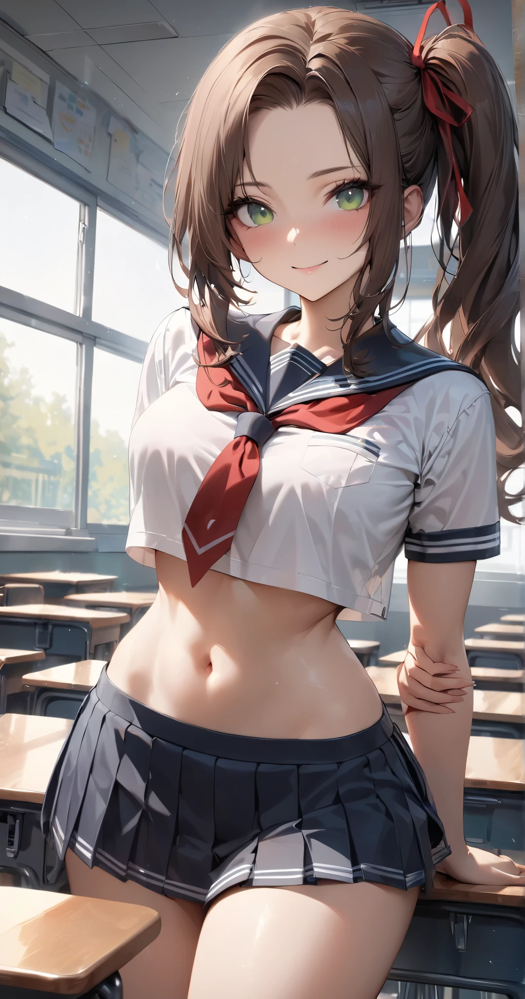 masterpiece, best quality,amazing quality, semi-realistic detailed CG, ultra-detailed, Sharp Focus, 1girl, JK, detailed face, detailed green eyes, slightly smile, detailed semi-long hair, dark brown silky hair, forehead, sliced back hair, side ponytail, contrapposto, hands behind back, navel, Captivating thighs, knee, classroom, (sheer crop top white shirt), sailor suit, pleated skirt, red ribbon tie