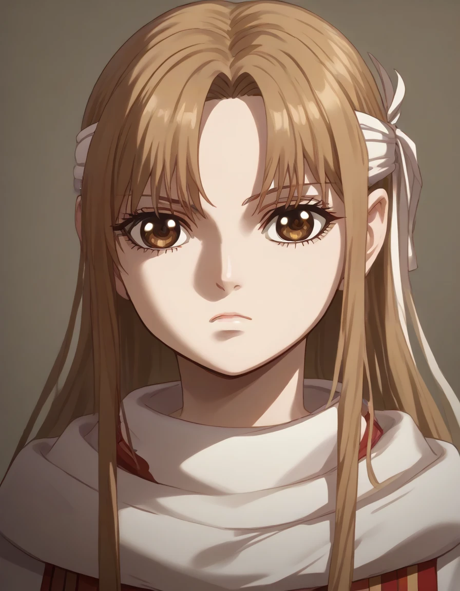 (((((((emotionless))))))) (((((((expressionless))))))) brown eyes very accurate clothing sharp gaze score_9, score_8_up, score_7_up, ((cowl)) headband on forehead detailed clothing beautiful girl kyoukai anime style ((asuna yuuki))