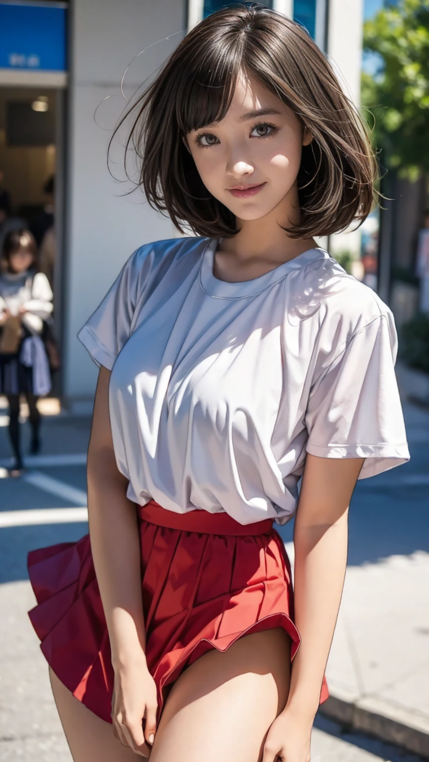Tokyo Street、Woman walking on the street、Boyish Woman、the wind is strong、(Realistic、Like a photograph、Live Action、8k, Realistic, RAW Photos, Best image quality: 1.4), Single-lens reflex camera、RAW Photos, Highest quality, Realistic, Highly detailed CG Unity 8k wallpaper, Written boundary depth, Cinematic Light, Lens flare, Ray Tracing, Realistic background、(No sleeve:1.4、Short flared skirt:1.4、Small breasts)、(Carrying the guitar、The guitar strap passes between her breasts、paisla)、((Silver Inner Color Hair:1.1))、Cute Japanese Band Girls、((whole body:1.5))、(short hair:1.2、My hair flutters in the wind:1.5)、I like that style、stylish、Very detailed、Pay attention to the details、Perfect outfit、(White skin)、Beautiful feet:1.1、(View from below:1.2)、Accurate Arm、Meet on a street corner、Super detailed face