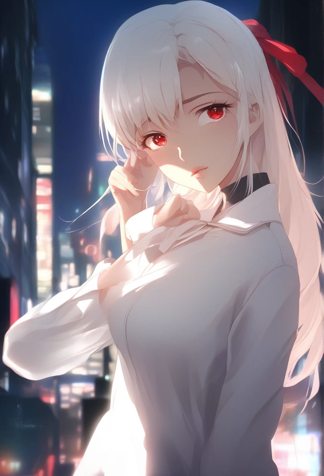 masterpiece, best quality, very aesthetic, 1girl, solo, tohno akiha, tsukihime, white hairband, white shirt, red bow, lips, pout, blush, hand on own hip, looking away, upper body, indoors, backlighting, night, (dark), city