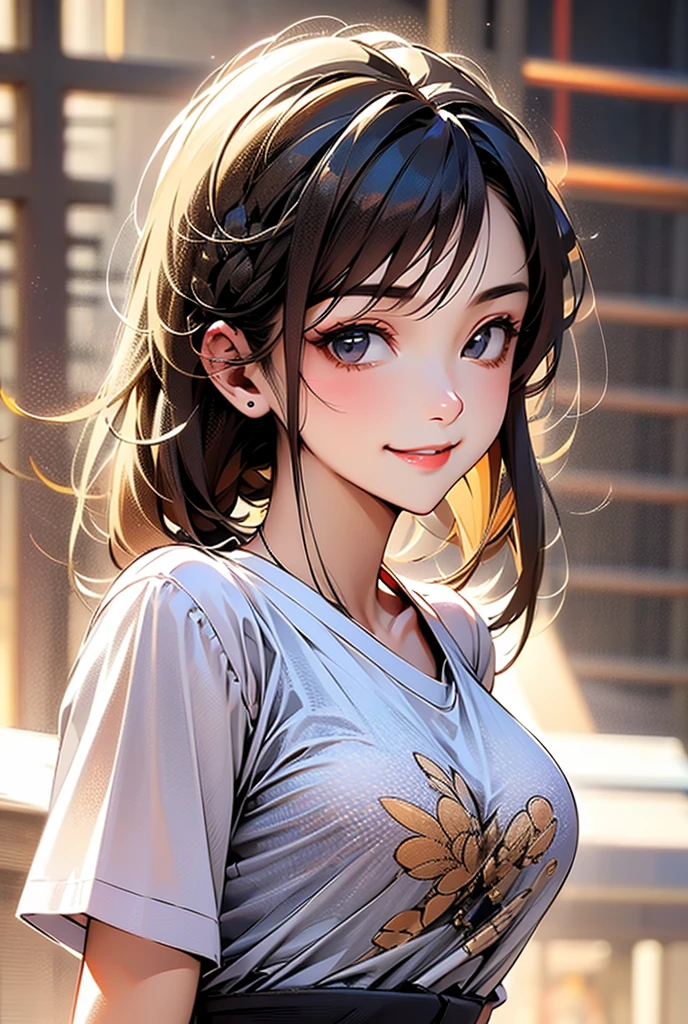 masterpiece, best quality, ultra-detailed, illustration, slim fit girl, at full height, blrown eyes, shy smile, perfect small breast, skirt, t-shirt,