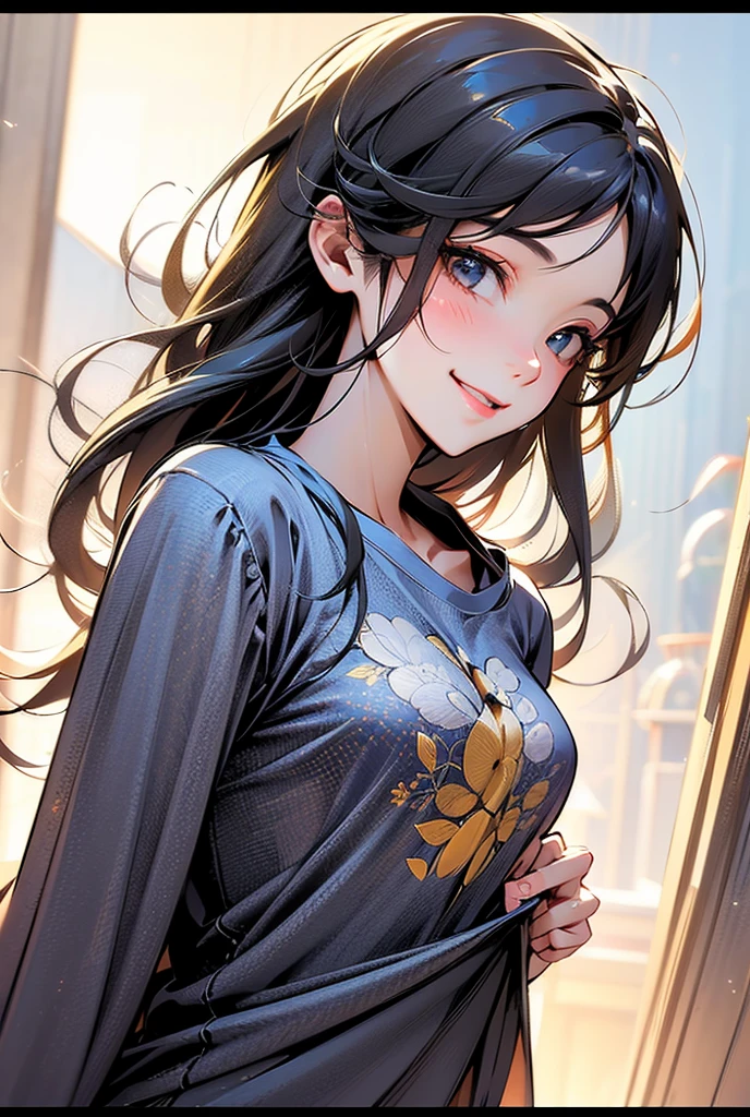 masterpiece, best quality, ultra-detailed, illustration, slim fit girl, at full height, blrown eyes, shy smile, perfect small breast, skirt, t-shirt,