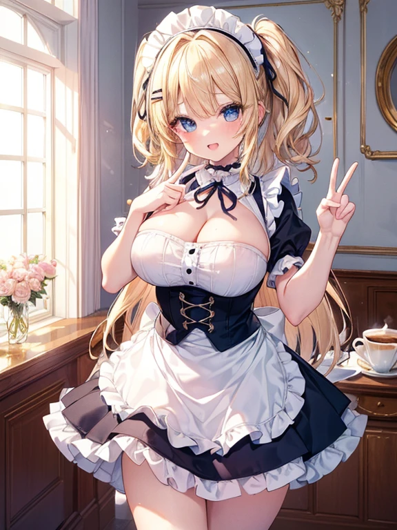 masterpiece, top quality,( more),perfect lighting,  very detailed CG, more,( high definition eyes , very cute face, very detailed face :1.3), beautiful anime girls,(Solo Girl),(Super huge :1.4),( sensual, glamorous:1.4),( blondes, medium hair , Twin Blades,Hang your hair forward:1.2),( Big Bright Blue Eyes ),( Very Happy Smile , open her mouth wide ),break,( Light Blue Maid Outfit, ruffle apron , puff short sleeve,belly button, micro mini skirt to hold back thighs), maid headdress, frill choker ,Maid Cufflinks, Pink Wallpaper Coffee Shop, luxury furniture, Cowboy Shot , Dynamic Poses ,( closes the eye, peace sign with both hands,perfect hand,５refer to)