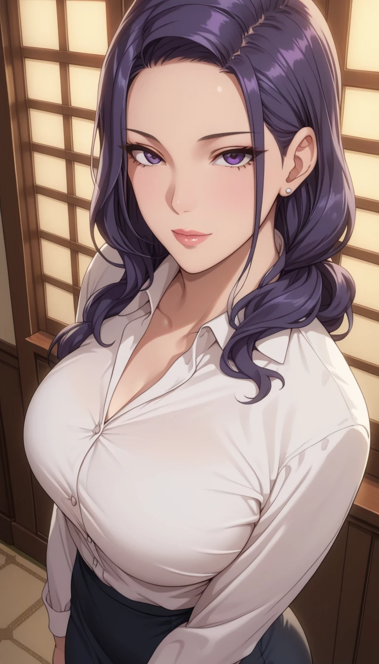 (masterpiece, Highest_quality:1.2),  1 girl, Alone,  mature woman, Purple Hair,  long hair, (housewife:1.5,  casual clothes ,  skirt,  Long Sleeve ),  beautiful eyes,  female focus , looking at viewer,  Big Breasts ,  Wide Hips, (( view from above)) (( close-up shot )) ((Alone))   Details,  high definition ,  near the song, ( Cowboy Shot ),  standing with different breasts ,  beautiful,  elegant , Quiet look,   intricate details on collared dress ,   Details background, In the bedroom