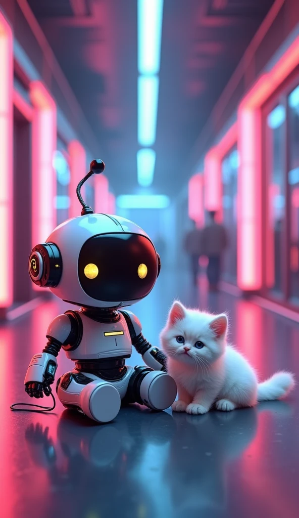 3d,cartoon,disney pixar,,a robot sitting on a chair together with a white kitten,,cyberpunk hall,neon lights