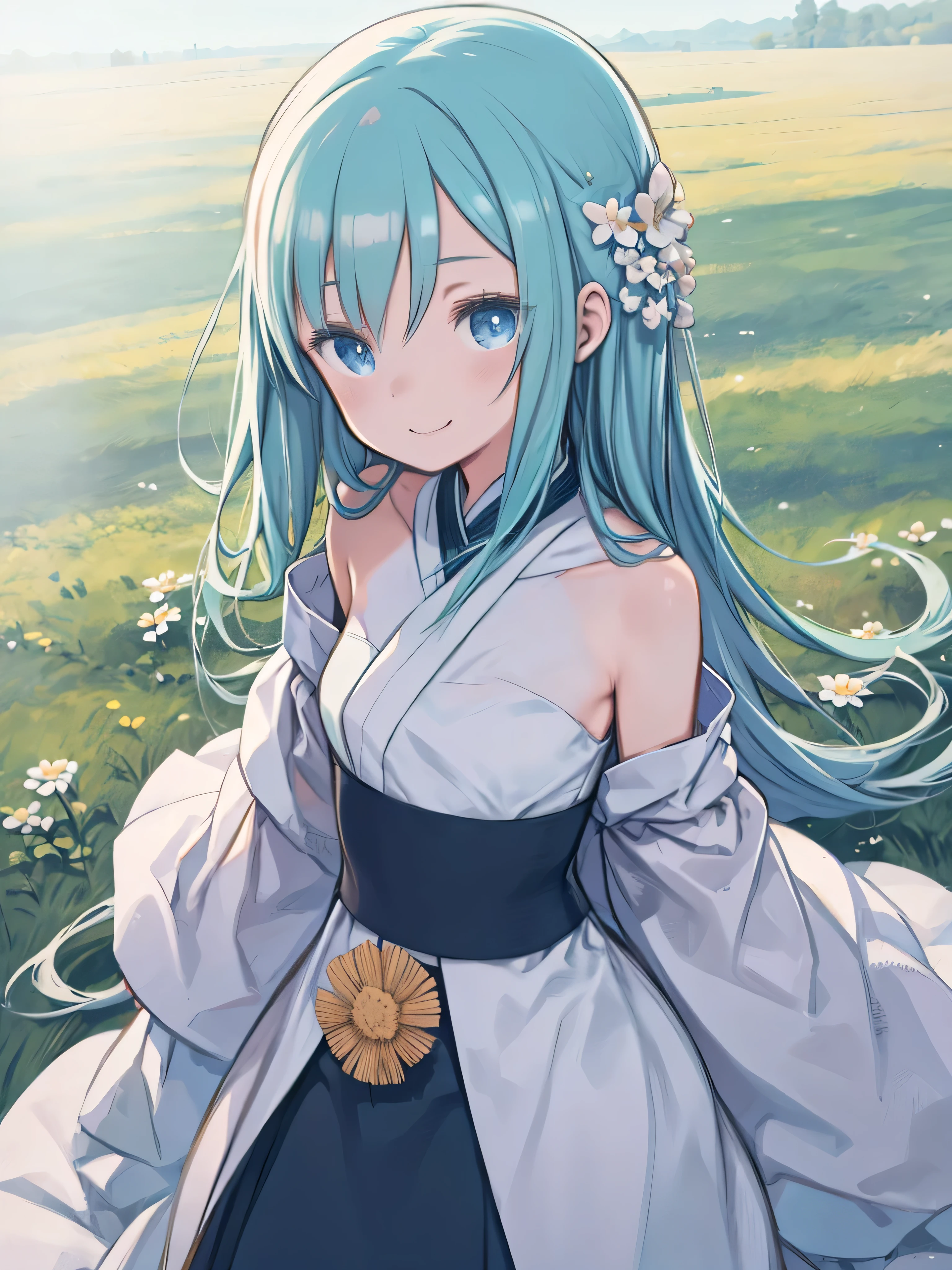 masterpiece, top quality, super high resolution , Details illustration, portrait, Details, A girl standing in a wheat field, Alone, long hair, dress, flower, White Hanfu, smile, whole body, White Flower, Bare shoulders, very long hair, aqua hair, closed mouse, opposite, bangs,