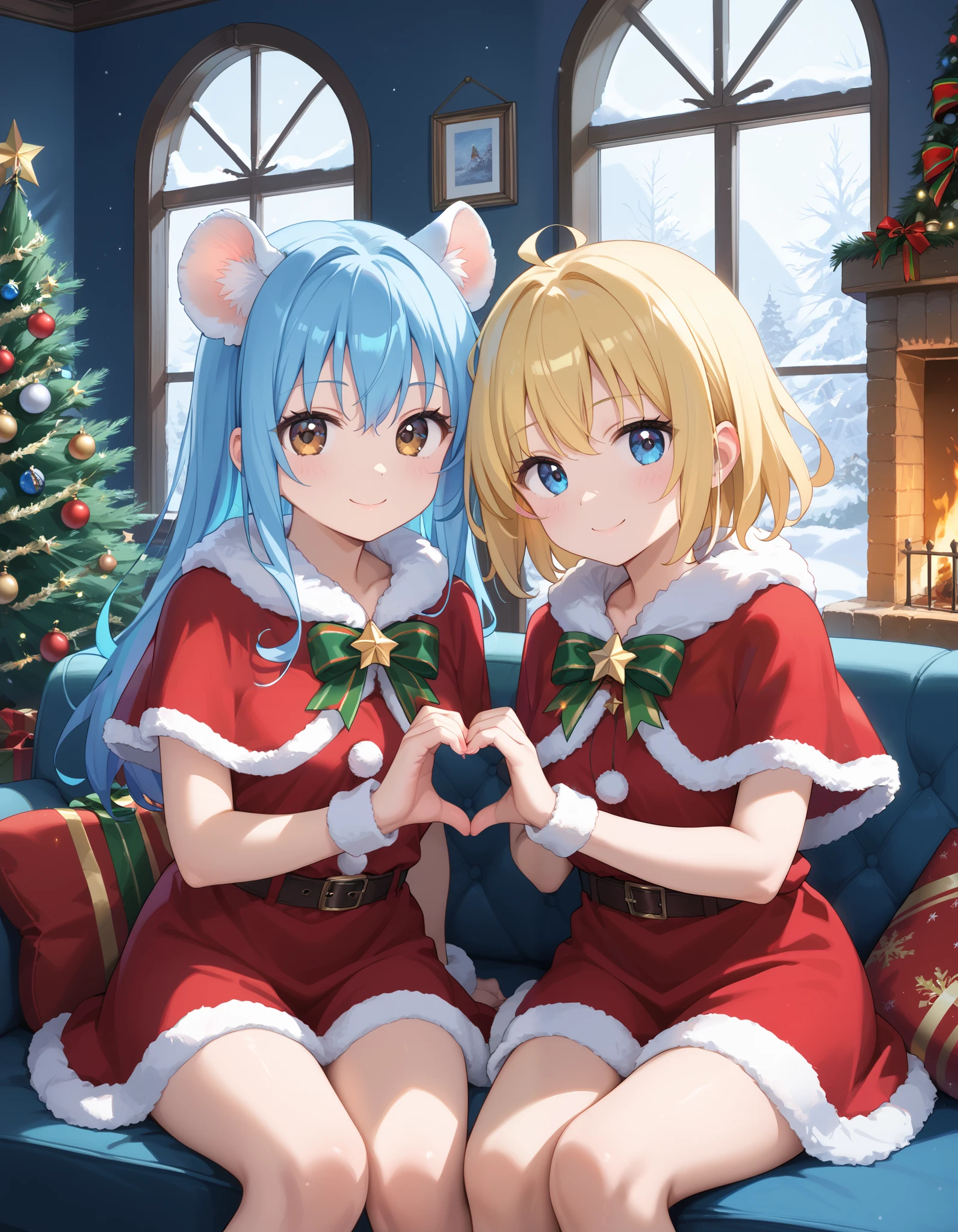 score_9, score_8_up, score_7_up, masterpiece, best quality, high quality, hi res, absurd res, new, newest, 2024, 2023, 2022, 2021, rendered, illustration, duo, female/female, human on anthro, face focus,
inside, living room, sitting, on sofa, relaxing, fireplace, fire, window, snow, night, looking at viewer, portrait, light smile, arm around partner, wallpaper \(decoration\), blue wall, low light, dimly lit, dark, firelight, fire glow,
christmas, christmas clothing, christmas tree, christmas lights, christmas decorations, christmas stocking,
hand heart,
anthro, elza \(interspecies reviewers\), spotted hyena, blue hair, brown eyes,
human, crimvael \(interspecies reviewers\), blonde hair, blue eyes, santa dress, capelet, fur trim,
detailed, detailed background, detailed fur, detailed eyes, soft lighting, soft shading, perfect, flawless, immaculate, correct, good anatomy, well drawn,