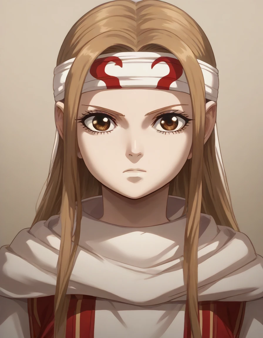 (((((((emotionless))))))) (((((((expressionless))))))) brown eyes very accurate clothing sharp gaze score_9, score_8_up, score_7_up, ((cowl)) (((headband on forehead))) detailed clothing beautiful girl kyoukai anime style ((asuna yuuki))