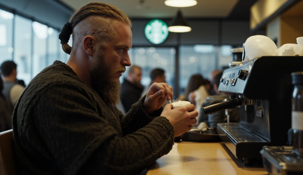 ((masterpiece)) ((photography)) ((Highest quality)) A Viking, with his large horned helmet and thick, braided beard, sitting at a table in a Starbucks, looking bewildered. He’s attempting to understand the coffee machine, pressing random buttons and staring at his cappuccino with confusion. The modern café setting contrasts sharply with his traditional Viking attire, as he cautiously sips the drink, wondering if it holds magical properties.