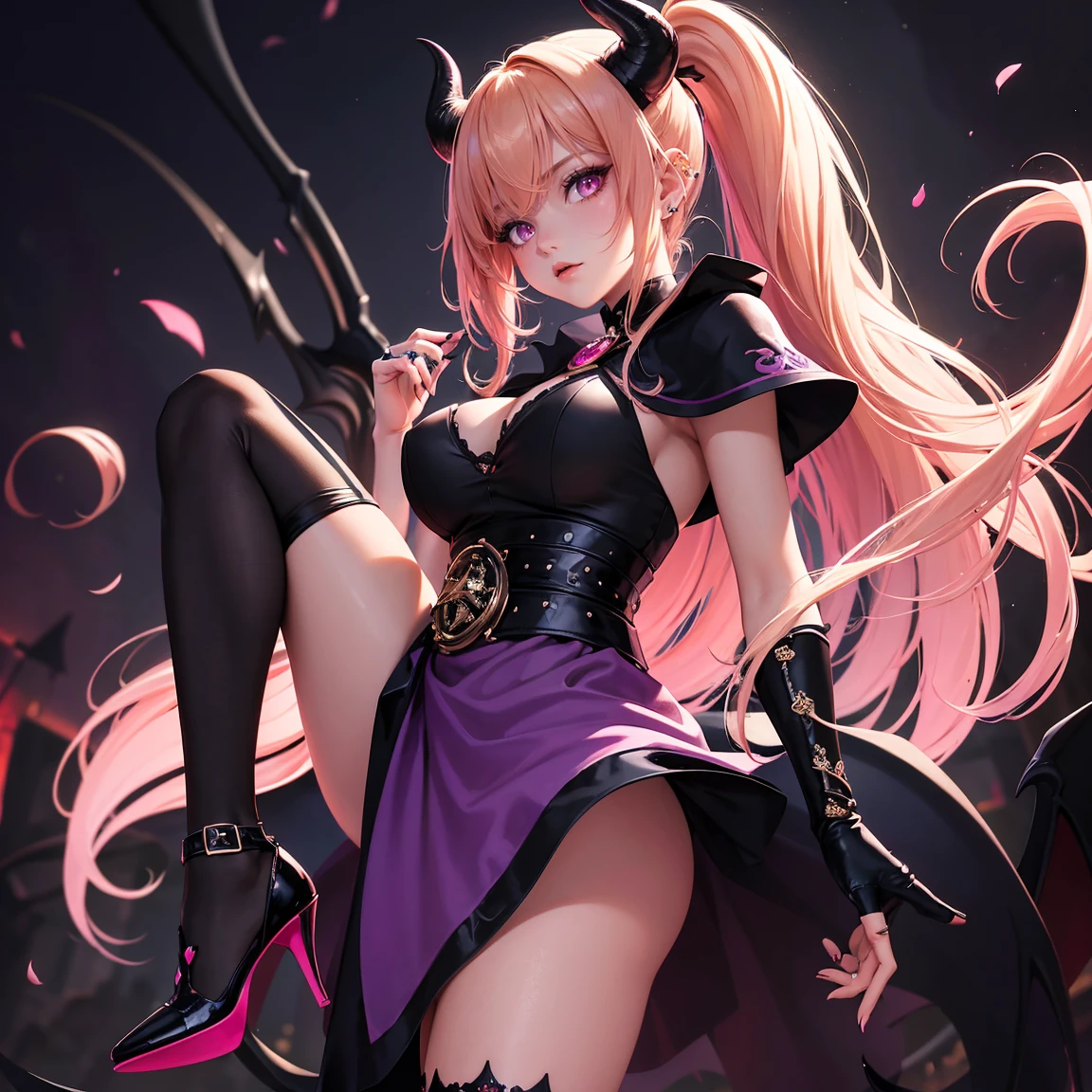 (8k, masutepiece, Highest Quality, Best Quality, Official art, Breathtaking beauty and aesthetics, A highly detailed, The best masterpiece in history that exceeds limits, Breathtaking and beautiful lighting:1.2), (1 Girl, solo), (sixteen years old), (beautiful detailed face), (shiny white skin), (Beautiful big bust, cleavage:1.2), (thighs), (beautiful detailed pink twin tails hair, bangs:1.3), (beautiful detailed drooping pink eyes:1.5), BREAK, (Beautiful detailed fantastic black dresses, black See-through intricate lace, black ribbon, silver thread), (Beautiful Luxurious Diamonds Tiara), (mysterious smile), (dynamic cut, Attractive, Look at the camera, cute pose), breathtaking scenery, BREAK, (ultra detailed beautiful purple thunder, night sky:1.2), (Beautiful detailed fantastic mysterious big purple scythe, Sharp blade:1.3),