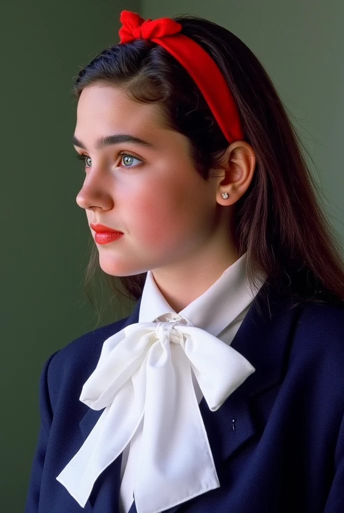 (very realistic photography),(masterpiece, best quality:1.3), 1girl, (alone), from just her side, her beautiful profile,
((young Jennifer Connelly)),(at age 15),
she wear in tidy dark blue high school blazer uniform and immaculate white blouse with large white ribbon tie.,
she wears a vivd red hair band., 
with cute face with plump cheeks, 
scooped nose arched high with a turned-up tip,
no make up,
flawless healthy youthful fresh succulent fine smooth white skin,
with precocious female body with precociously large blreasts and broad wide shoulders, 
Jennifer Connelly's unique and beautiful face is recreated.,
a bit wet shiny long dark hair,
(She is tucking her hair behind her ear.),
She is in a hotel room with bright natural light illuminating on her beautiful face.,