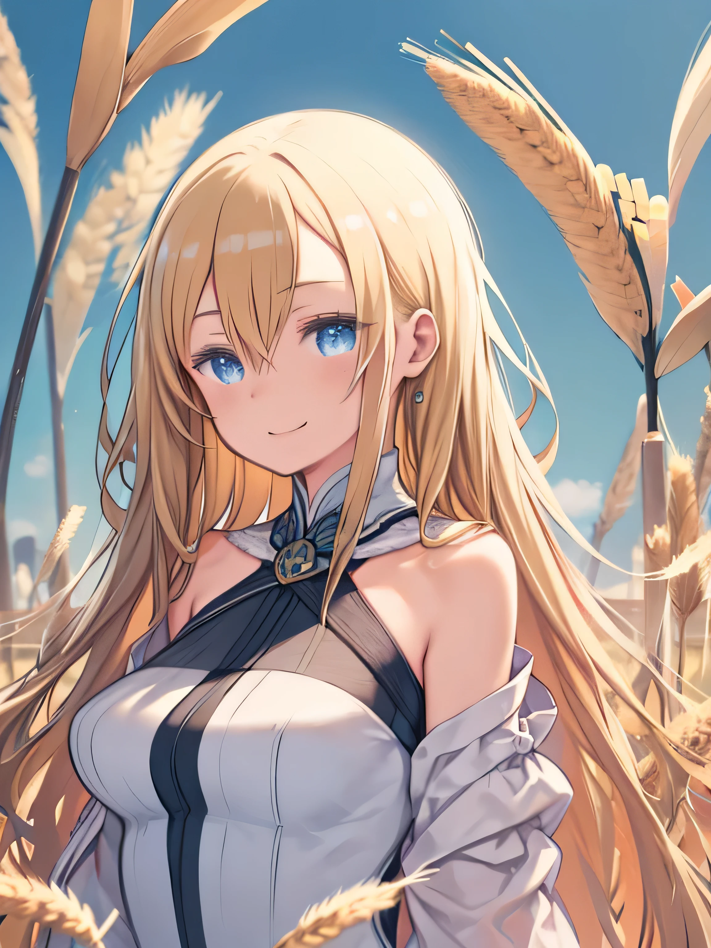 blond hair、hair between eyes、 blue eyes 、 straight long hair、Big Breasts、masterpiece, top quality, super high resolution , Details illustration, portrait, Details, A girl standing in a wheat field, Alone, long hair, dress, flower, smile, whole body, White Flower, Bare shoulders, very long hair, closed mouse, opposite, bangs,