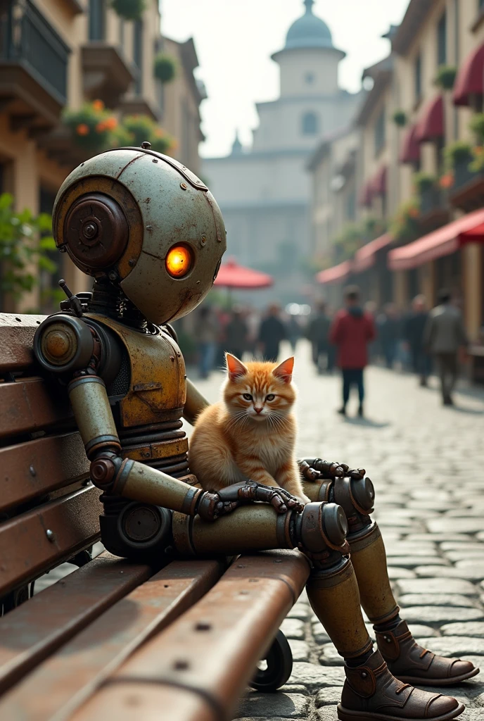 Create realistic image of an old robot ,  with a kitten sitting on a bench in the plaza 