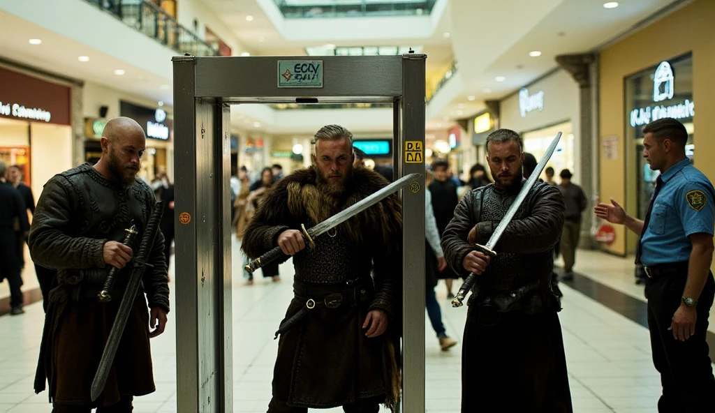 ((masterpiece)) ((photography)) ((Highest quality)) A group of  Viking warriors trying to pass through the security gates in a modern mall, their swords caught in the metal detector. The machine continuously beeps, and the Viking, bewildered, continues to push his sword through, unaware of the cause. A modern security guard, in a standard uniform, is trying to explain the situation, but the Viking, with his furrowed brow, looks completely puzzled by the lack of understanding and modern technology.