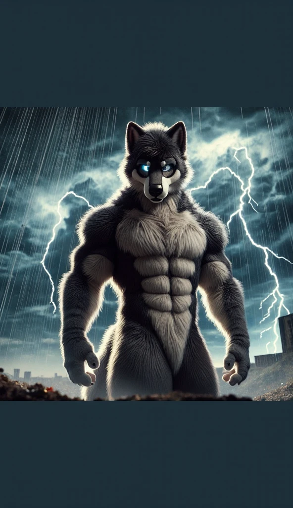  A hyper-realistic 3D rendering of a male wolf, in fact hairy, muscular standing resolutely in the middle of a violent thunder storm. The sky is dark,  full of clouds ominous and lightning that illuminates the powerful painting of the wolf .  His fur is a mix of deep gray and black ,  with the fury of the storm creating dramatic reflections in his smooth expression .  The wolf's eyes shine dimly ,  his unwavering and fierce as the wind howls around you . The environment is chaotic,  with debris rolling in the wind and rain falling in torrents , but the wolf keeps his terrain .  The scene is rendered in Ultra HD 8K ,  with cinematic realism and photorealistic details ,  capturing the intensity of the storm and the fierce energy of the wolf .  CyberRealistic lighting amplifies the contrast between the dark shape of the wolf and the lightning ,  making the character stand out against the chaotic background .