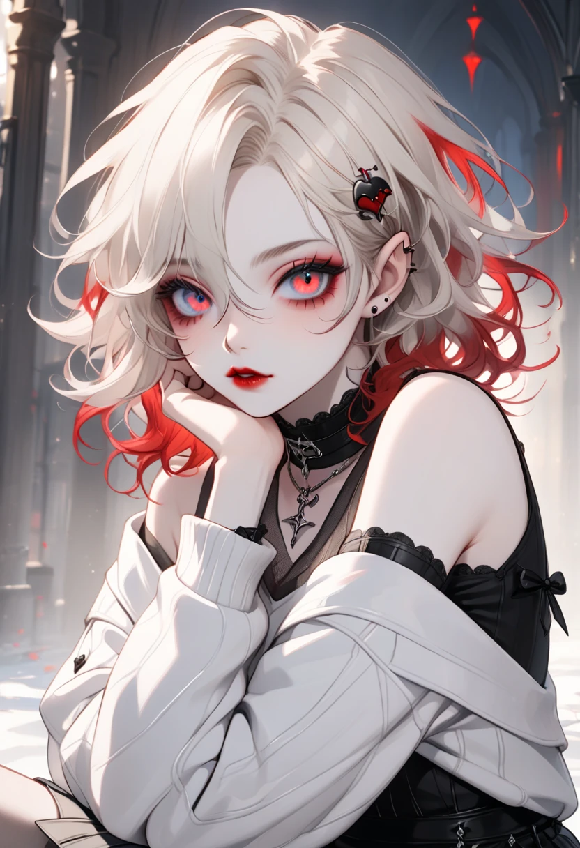 vampire femboy, appears 18. Petite (5'6") and delicately built with pronounced curves. Shoulder-length white-blonde hair with blood-red tips. Silver eyes with hints of red that shine like moonlight. Pale, soft skin that's slightly warmer than his brother's. Sweet, almost innocent features with large eyes and small, kissable lips. Prefers modern Gothic fashion mixed with kawaii elements, wearing oversized sweaters that slip off his shoulders and short skirts.