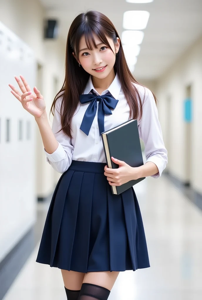 A captivating shot of a Japanese actress dressed as a student: she stands confidently in a brightly lit school hallway, surrounded by clean white lockers and bulletin boards. Her stylish navy-blue pleated skirt flows from her knee-high black stockings, paired with elegant shoes. Light brown hair falls straight to her shoulders, framing her kind and cheerful expression. A crisp white-collared blouse with a neatly tied ribbon adds a touch of academic elegance. She gestures warmly with one hand while holding a notebook in the other, exuding both charm and diligence.