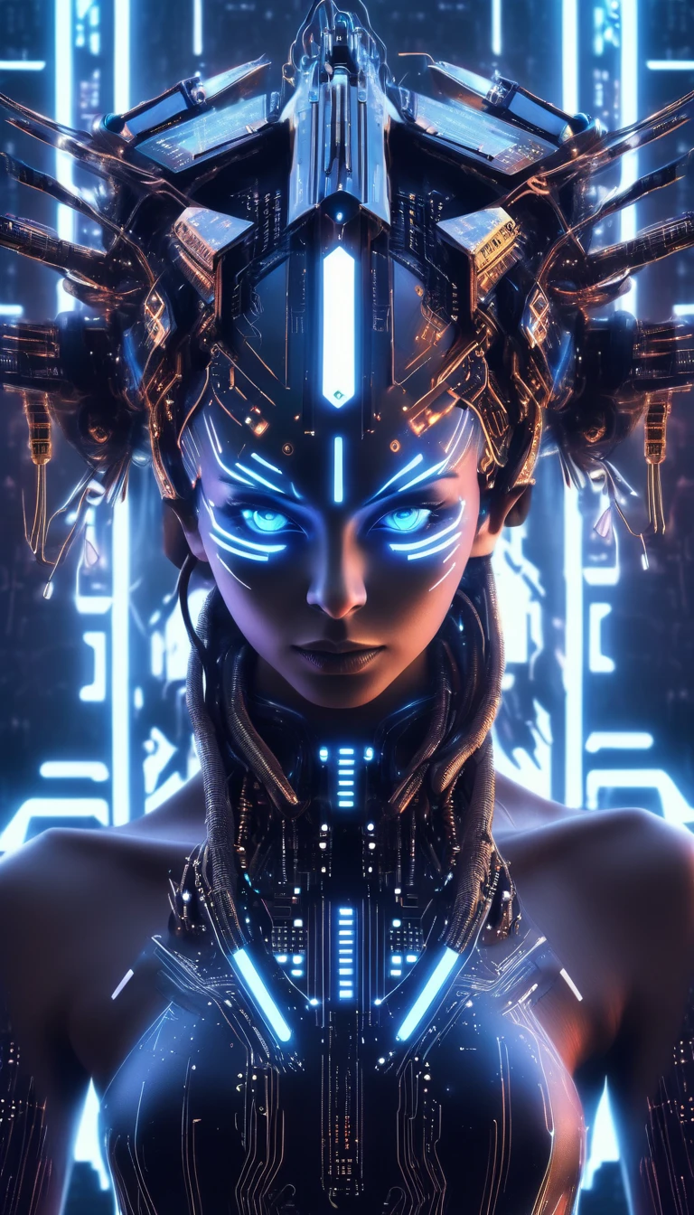 a woman with a futuristic headdress and a futuristic face, harmoniously integrated with computer chip and electrical wires, spaceship controls background, cyberpunk style